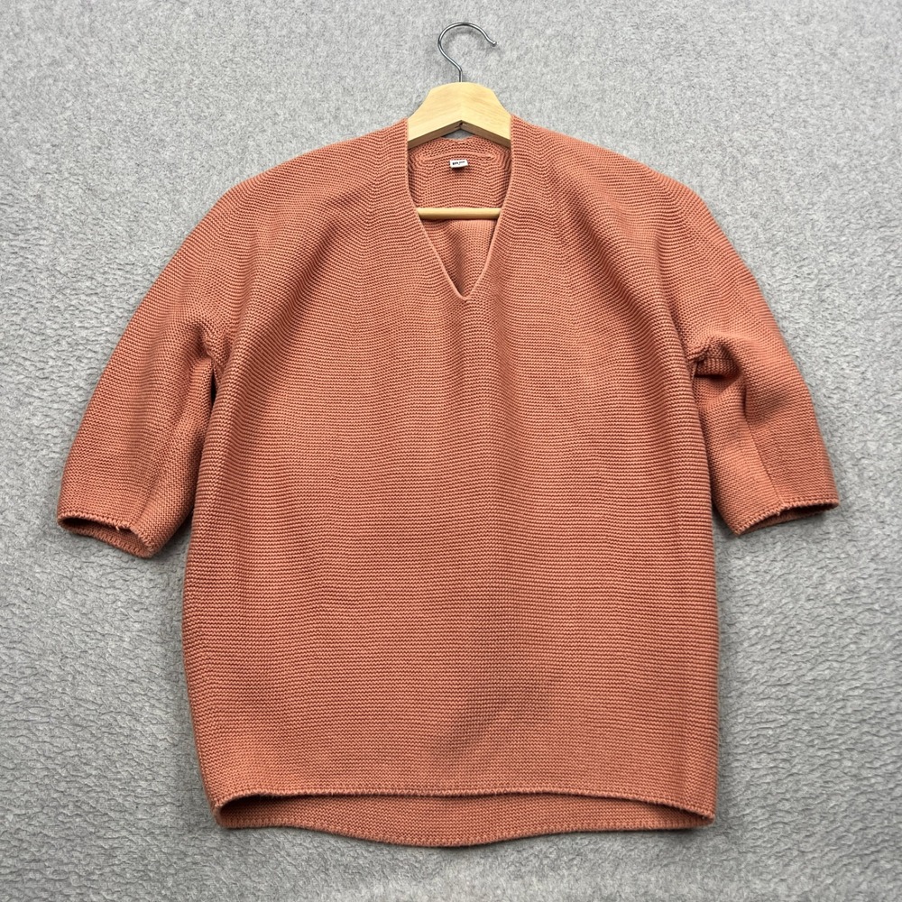 Uniqlo 3D Cotton Knit Sweater Womens Small Peach V-Neck Elbow Sleeve Top 404010